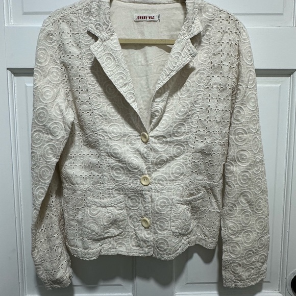 Johnny Was off white Lace 100% Cotton Eyelet Blazer Elegant Floral Design Size M - Picture 3 of 5